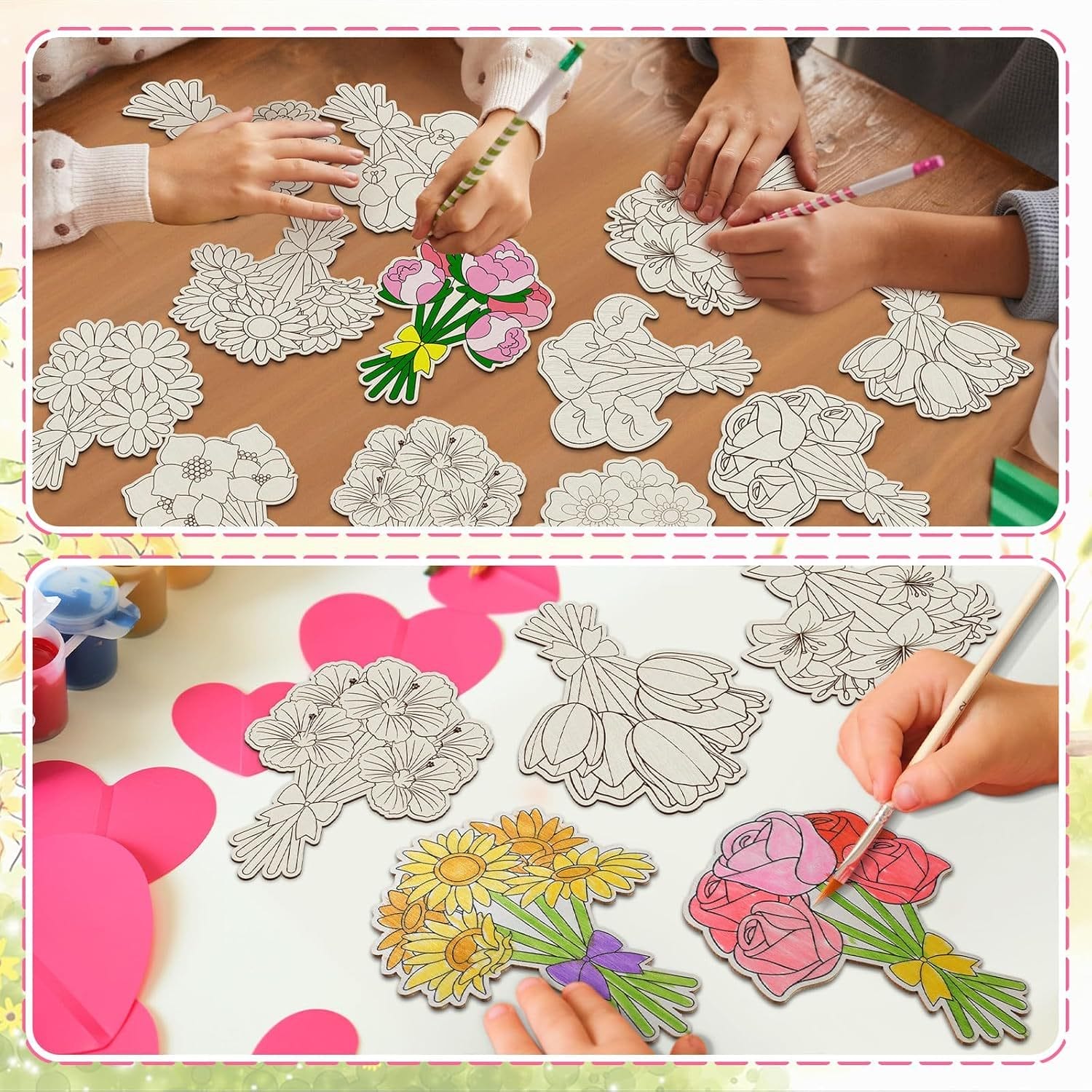 Children color custom wooden flower cutouts. DIY wood painting decorations.