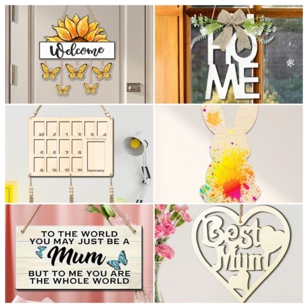 Assortment of custom wooden sign: welcome, home, mom, and school year. Eco-friendly wholesale wooden signs.