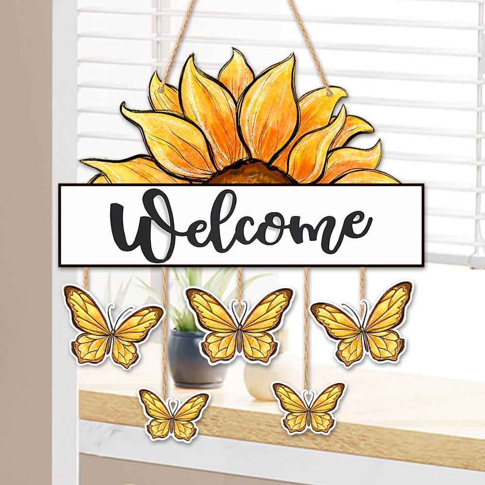 Welcome sunflower wooden sign with butterflies. Eco-friendly wholesale option.