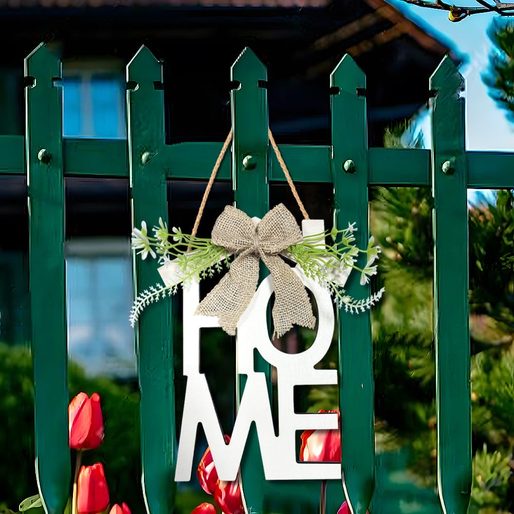 White wooden "HOME" sign with burlap bow, hanging on green fence. Eco-friendly custom wooden sign.