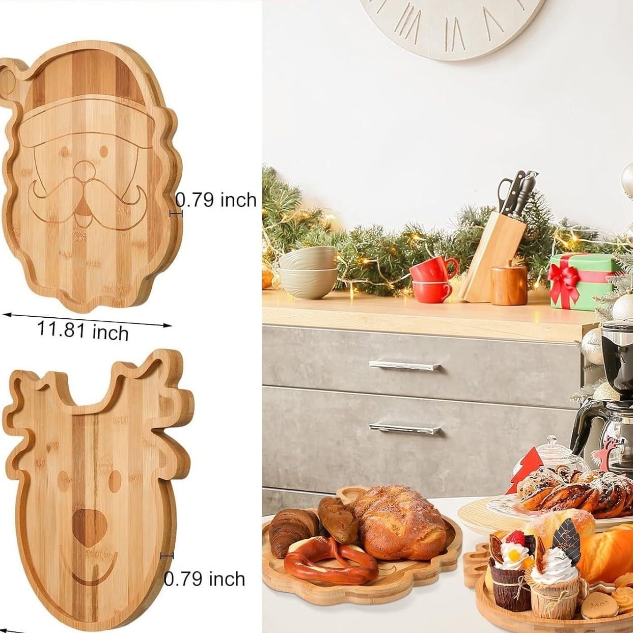 Custom-designed bamboo serving trays: Santa & reindeer shapes. Wholesale bamboo tray supplier.