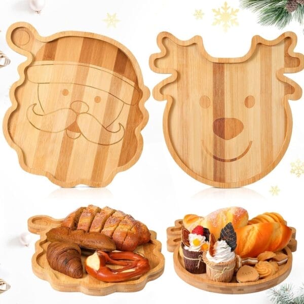 Custom-designed bamboo trays: Santa & reindeer shapes, perfect for holiday treats. Wholesale bamboo tray supplier.