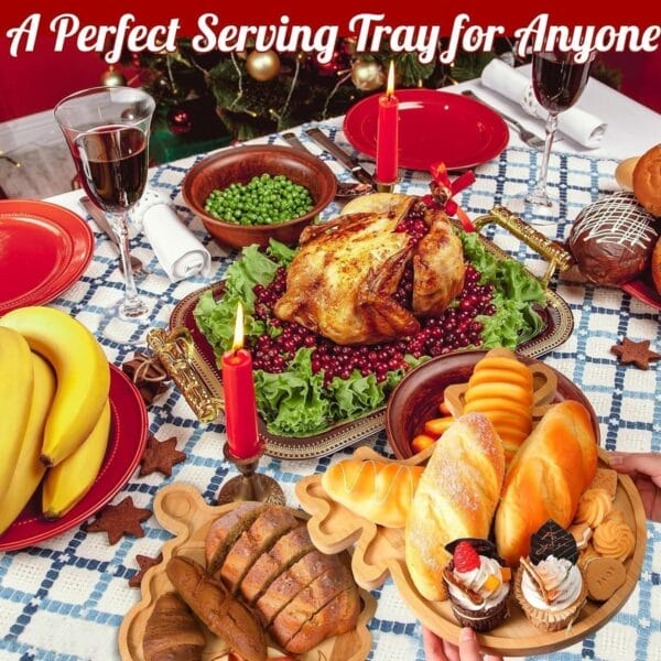 Custom decorative wooden serving tray filled with bread, pastries, and fruit. Wholesale bamboo tray supplier.