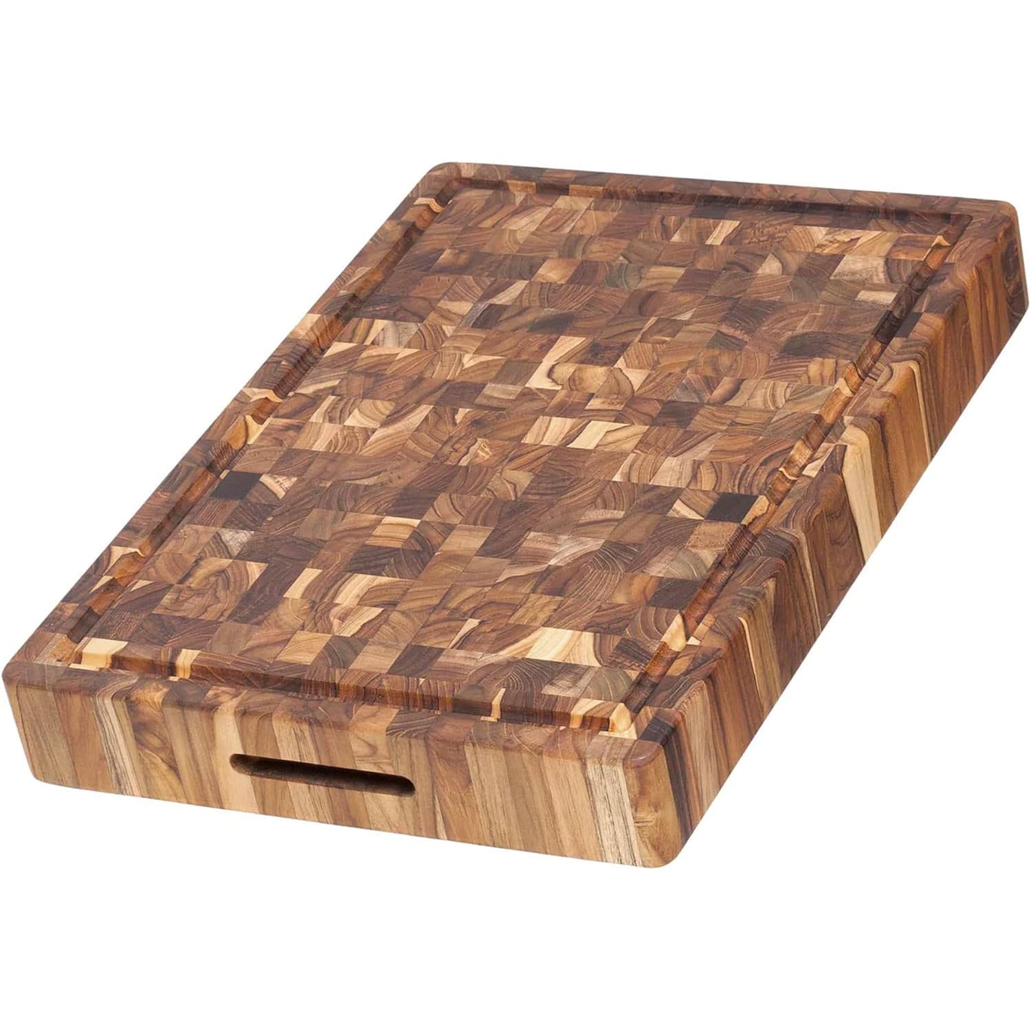 Large, double-sided teak end grain cutting board. Factory custom-made chopping board.