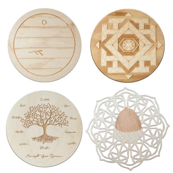 Set of 4 laser-cut wooden coasters: blank, geometric mandala, tree of life, and acorn mandala designs. Engraved wooden coasters.