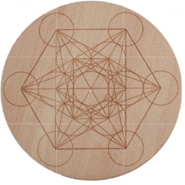 Laser-cut wooden coaster with engraved Metatron's Cube sacred geometry design.
