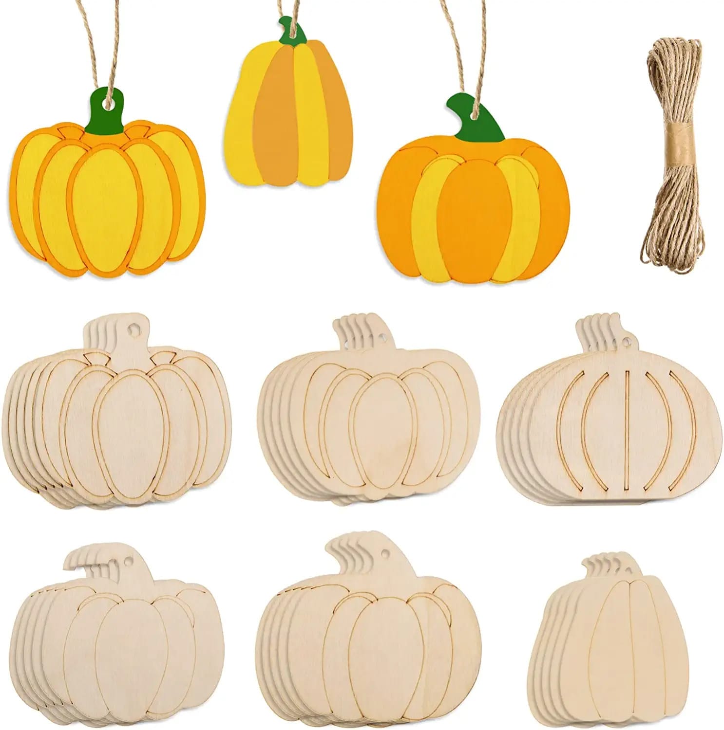 Fall wood crafts supplies: painted & blank shapes, twine. Perfect for fall & Halloween DIY projects.