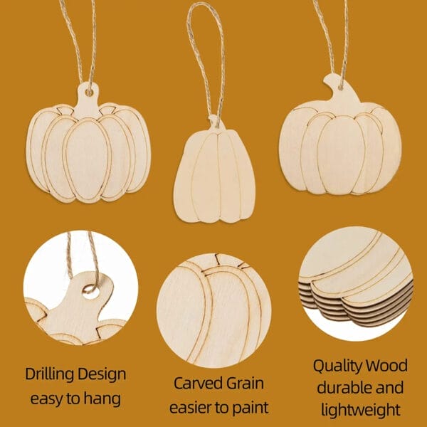 Wooden pumpkin craft shapes for Halloween, easy to paint and hang. Supplier of fall wood crafts.
