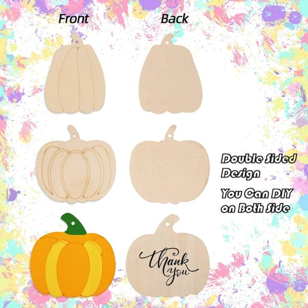 DIY wooden pumpkin craft shapes; front and back views, plus painted example. Perfect for fall or Halloween projects.