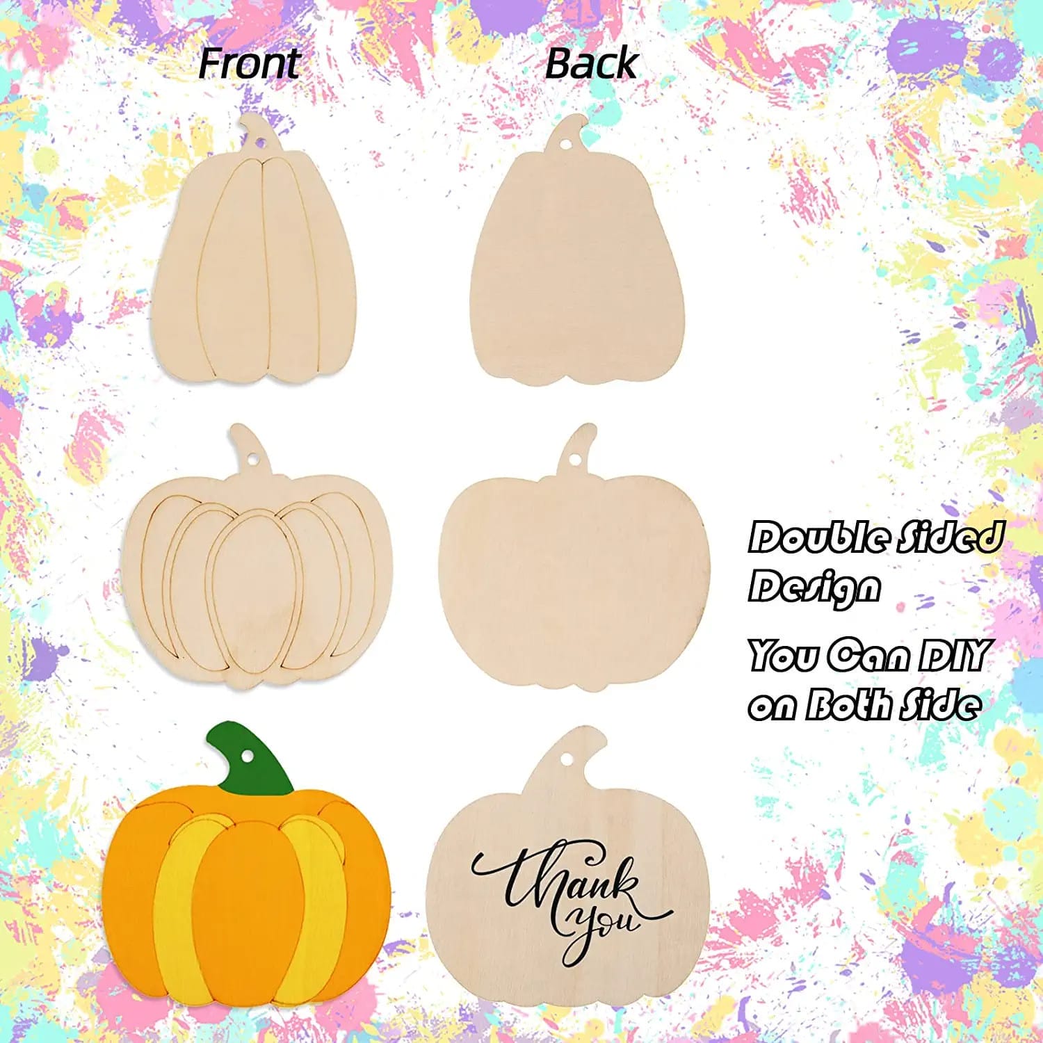 DIY wooden pumpkin craft shapes; front and back views, plus painted example. Perfect for fall or Halloween projects.