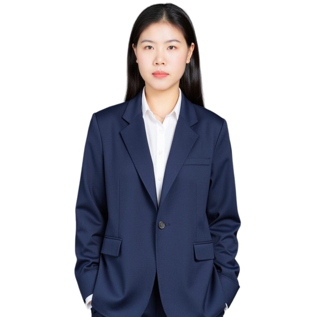 Portrait of a young businesswoman in a navy blue suit