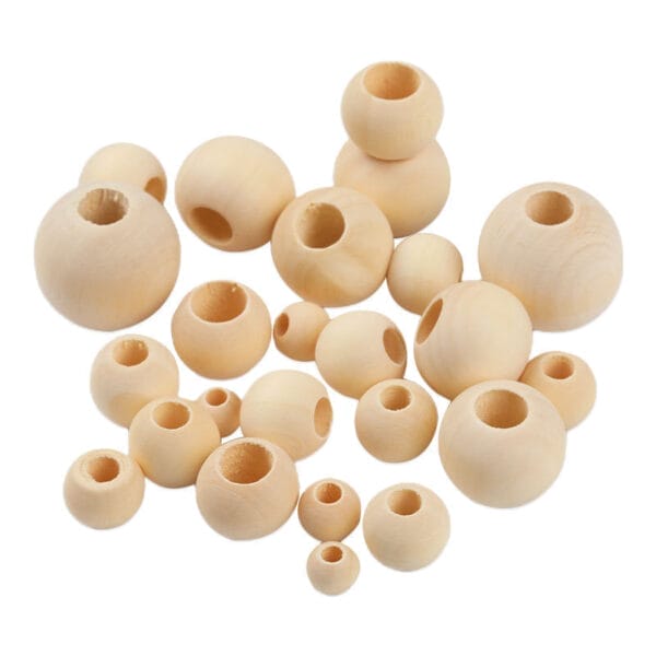 Collection of natural, unfinished wooden beads, ideal for DIY jewelry making. Eco-friendly craft supplies.