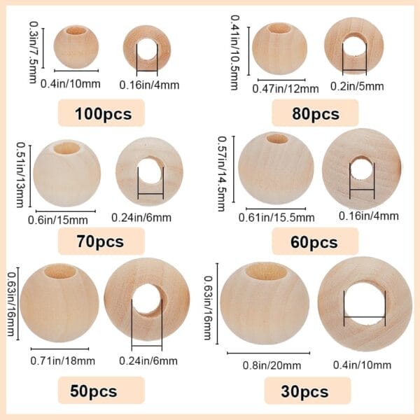 Large wooden beads bulk: Natural unfinished round beads in various sizes (10-20mm) with holes (4-10mm) for crafts, jewelry making, and DIY projects.