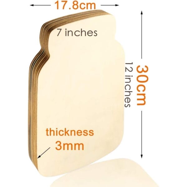 Unfinished laser-cut wood cutout of a mason jar; 3mm thick, 17.8cm wide, 30cm tall. Blank home decor.