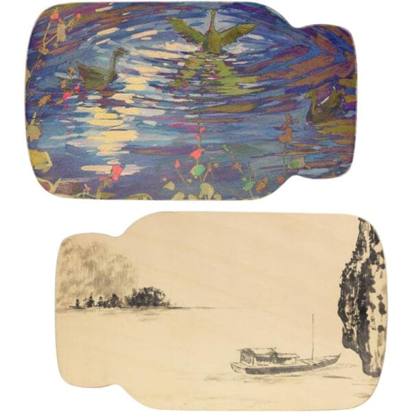 Two laser-cut unfinished wood cutouts; one with a water scene and birds, the other with a minimalist boat scene. Blank home decor.