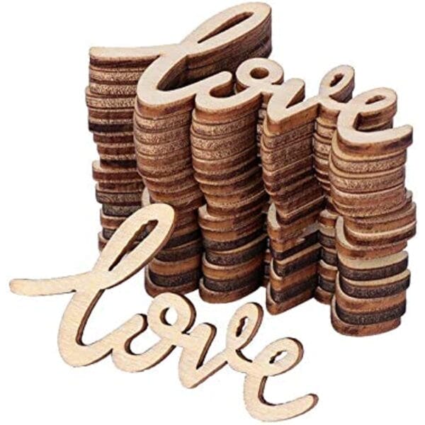 Stack of laser cut wood shapes LOVE signs. Perfect for craft suppliers.