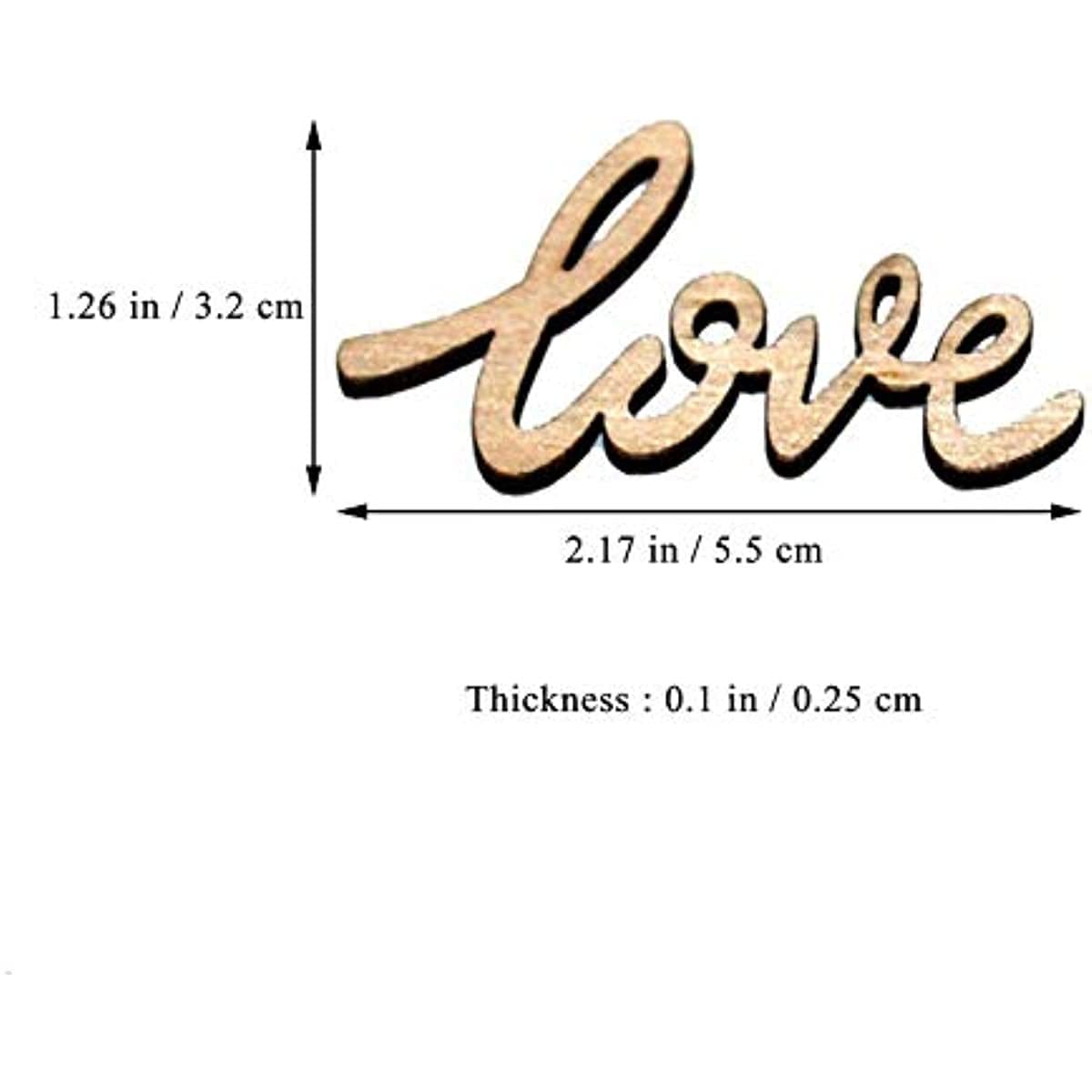 Laser-cut wooden "LOVE" sign; 2.17" x 1.26"; 0.1" thick. Perfect for craft suppliers.