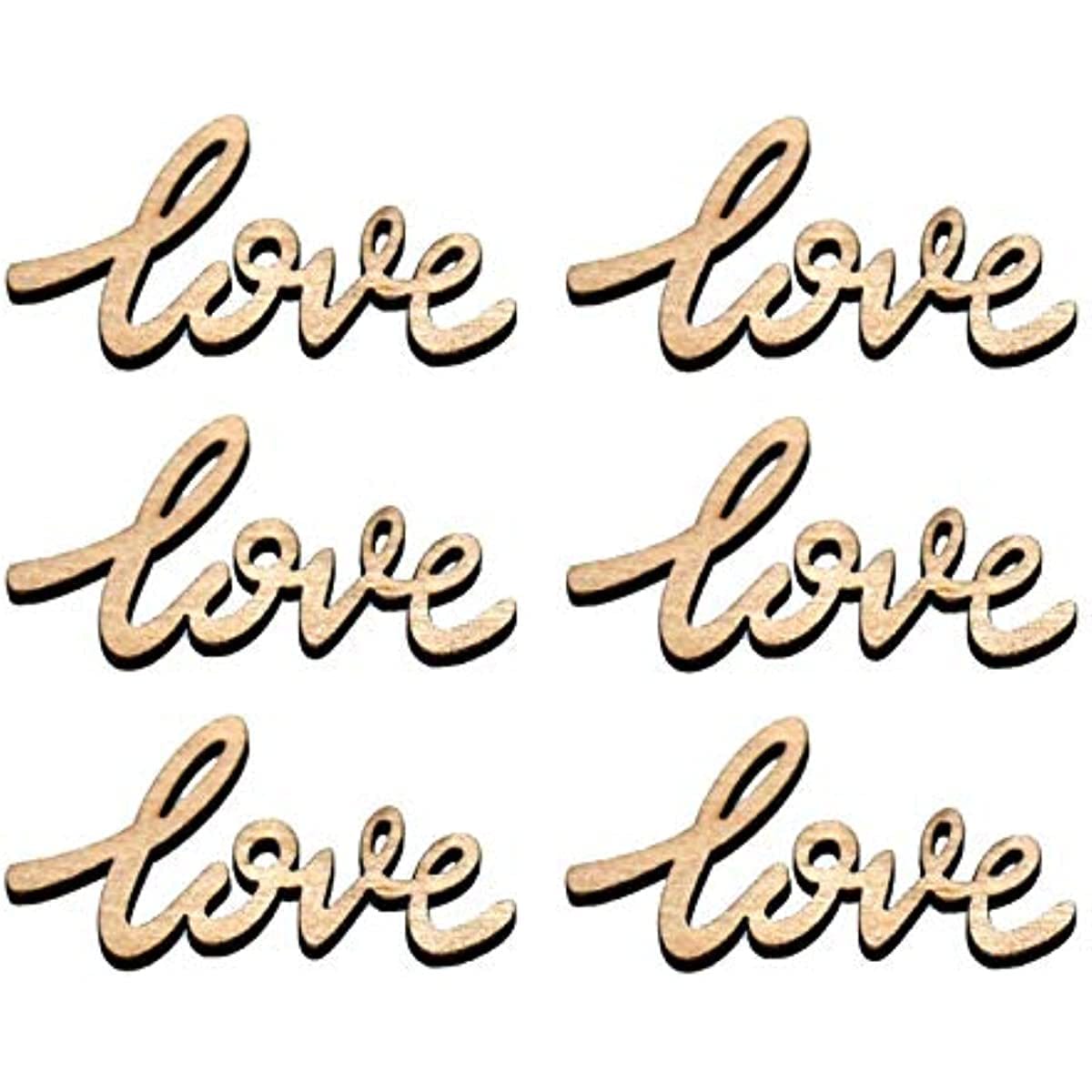 Six laser-cut wooden "LOVE" shapes. Perfect for crafting or DIY projects.