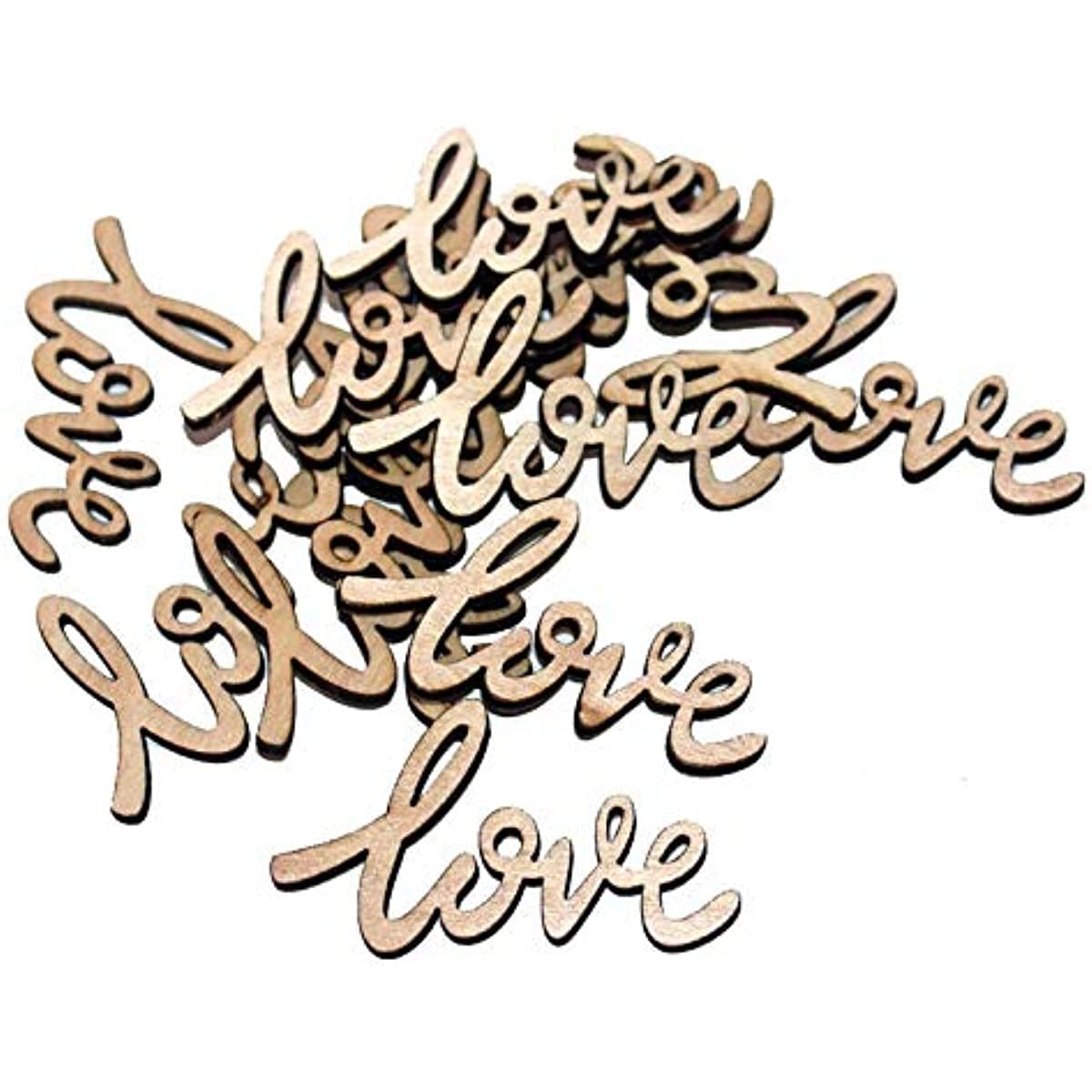 Pile of laser-cut wooden "LOVE" shapes. Perfect for crafts and signs.