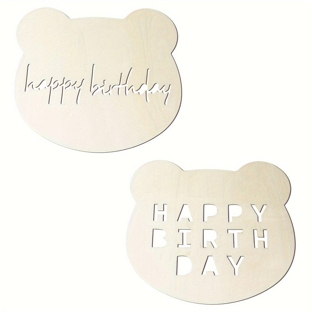 Two laser wood cutouts wholesale wooden bear head decorations, one with script "happy birthday," the other with block letters "HAPPY BIRTHDAY.