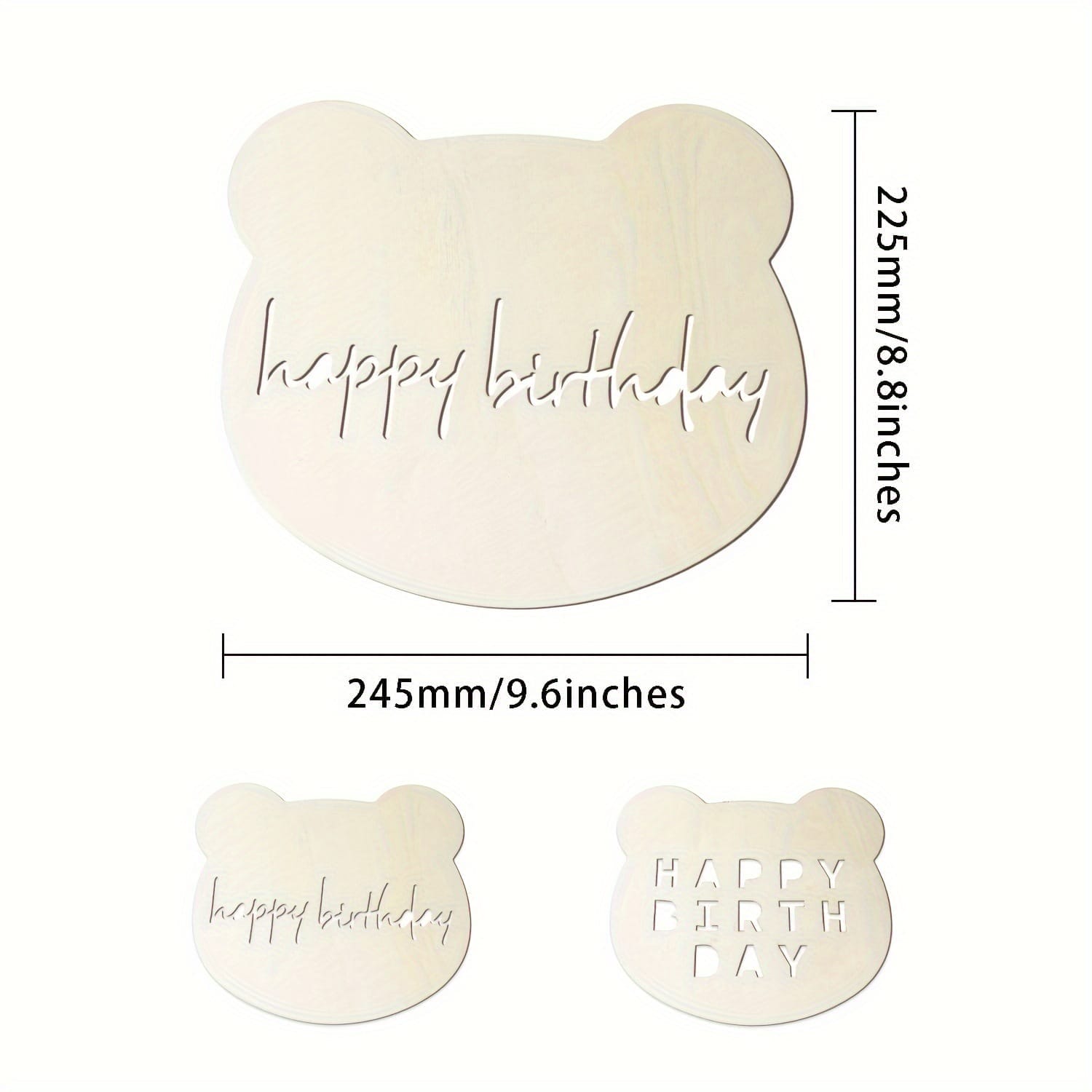 Wooden bear head cutout with "Happy Birthday" laser cut design. Wholesale laser cut wood decorations.
