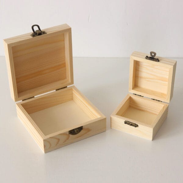 Custom Lockable Pine Wood Storage Boxes: Set of two small, square pine wood boxes with brass latches; perfect for storage and organization.