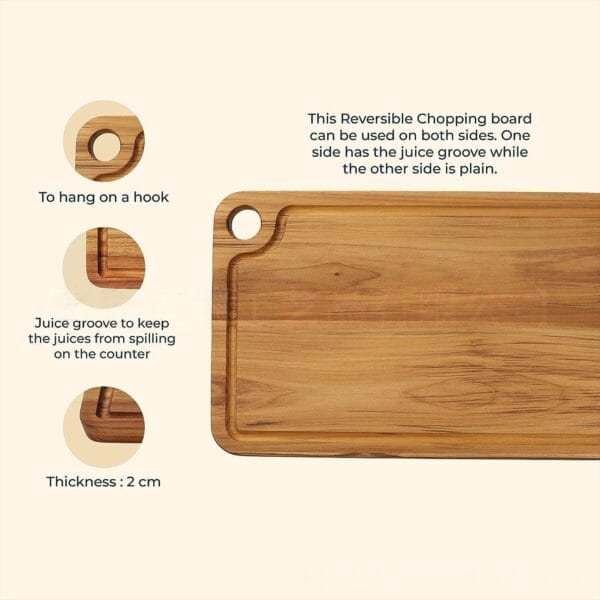 Double-sided acacia wood cutting board with juice groove. Non-toxic, reversible design.