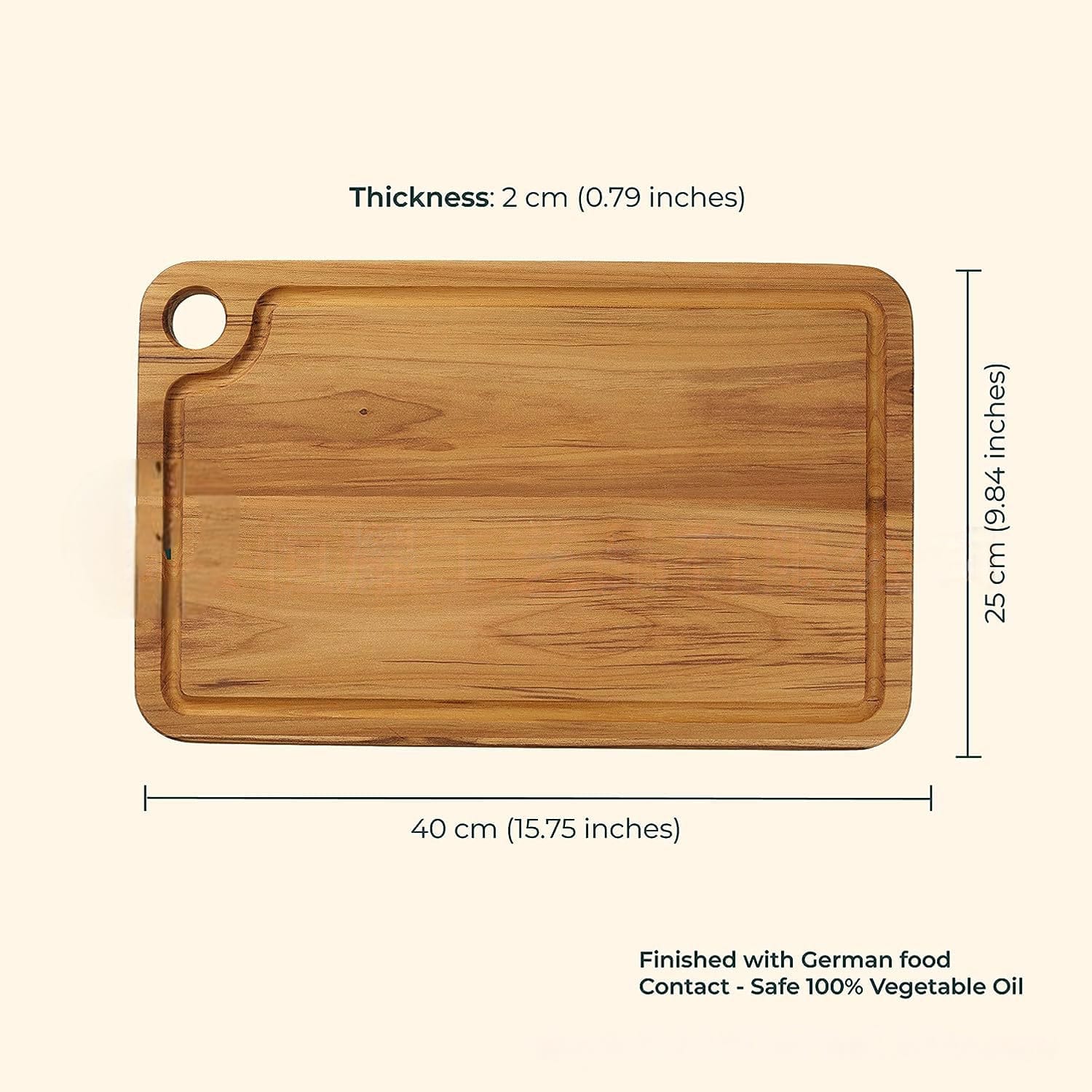 Double-sided wooden cutting board, 40cm x 25cm x 2cm, finished with food-safe oil.
