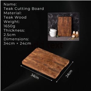 Large teak wooden cutting board, 34cm x 24cm, 2.5cm thick. Perfect for chopping vegetables and meats.