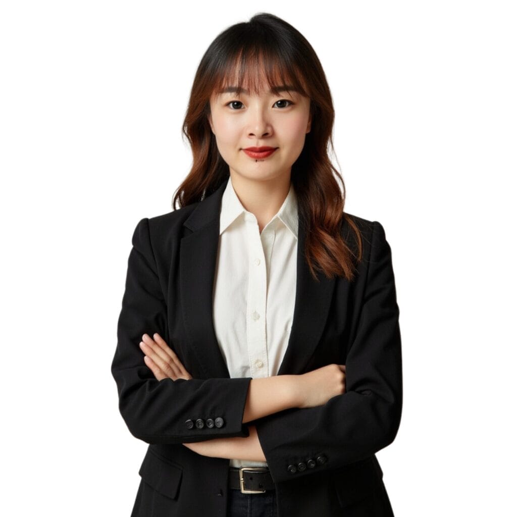 Confident businesswoman with arms crossed, wearing a black blazer and white shirt.