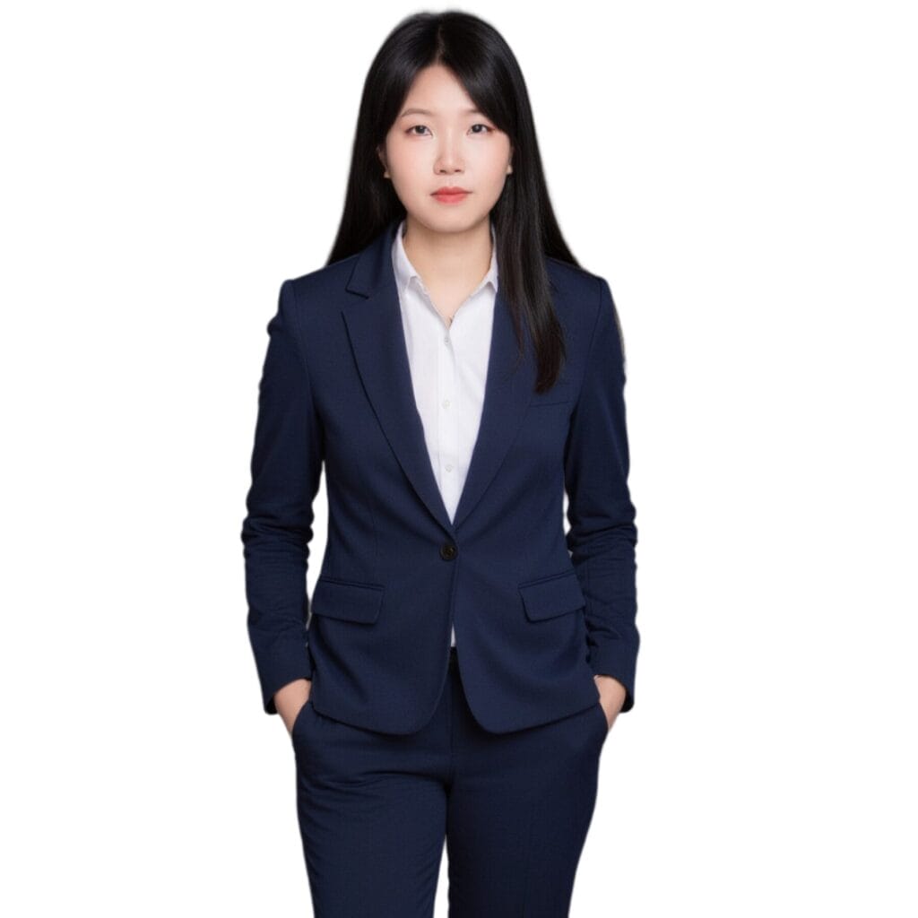 Confident businesswoman in navy blue pantsuit