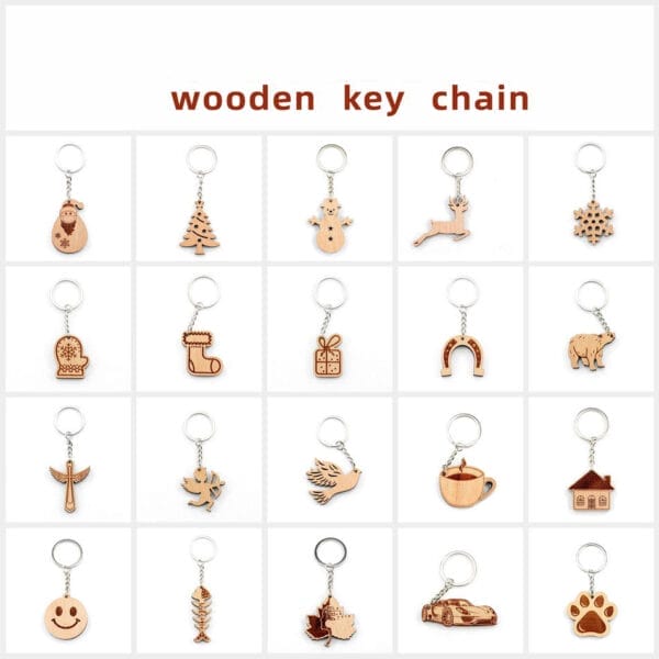 Personalised Wooden Keychain: Assorted Christmas & other designs. Wholesale wooden keychains available.