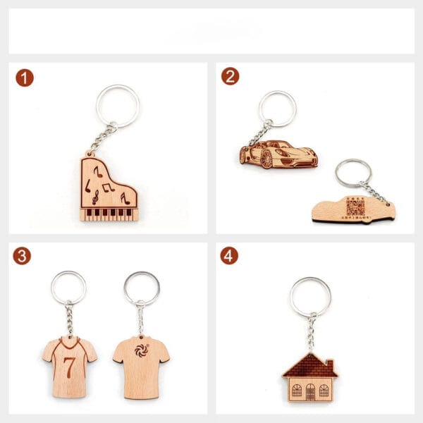 Personalised Wooden Keychains: Set of 4 laser-engraved wooden keychains featuring piano, sports car, t-shirts, and house designs. Wholesale keychains available.