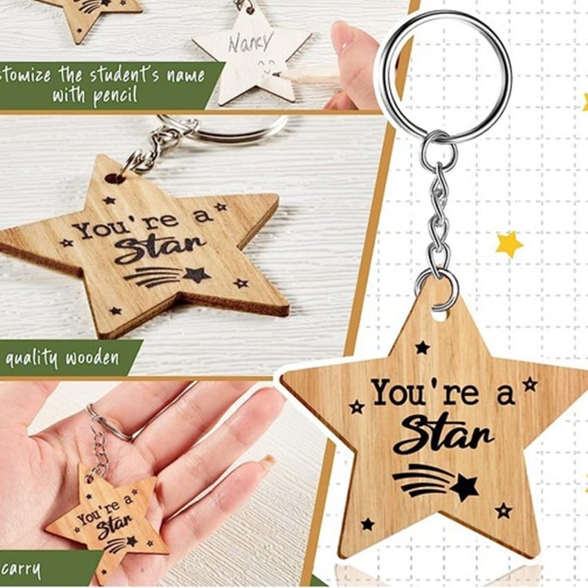 Personalized wooden keychain, laser engraved "You're a Star". Great teacher gift!