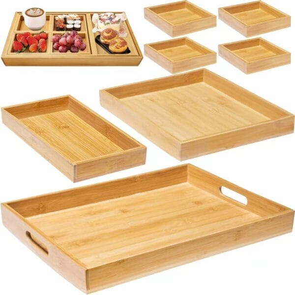 Set of bamboo serving trays, including rectangular and square sizes. Eco-friendly wooden trays perfect for wholesale.
