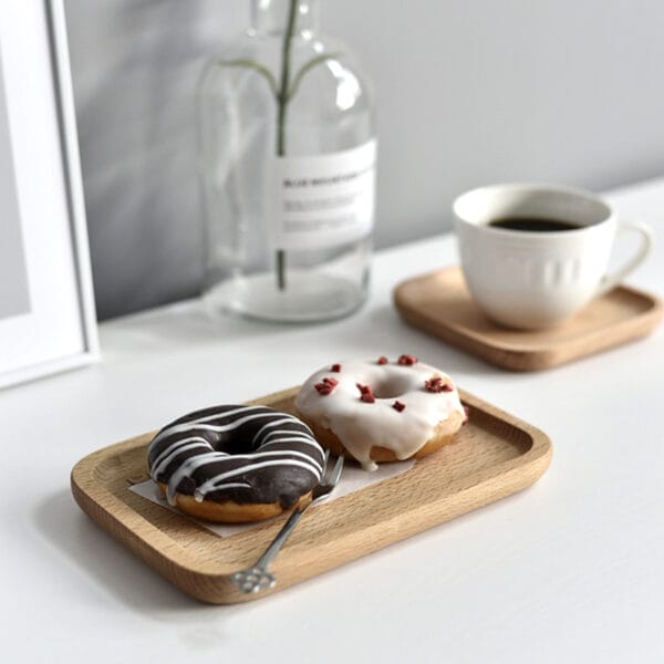 Small wood tray with donuts and coffee, perfect for breakfast or cake. Wholesale beech wood trays available.