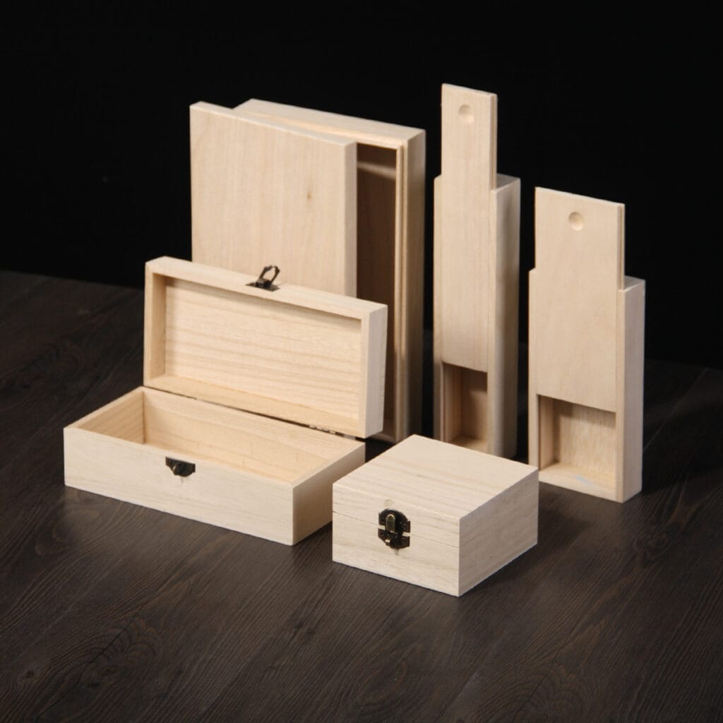 Custom Square Wooden Box: Set of handcrafted wooden storage boxes, perfect for sewing supplies or other small items.
