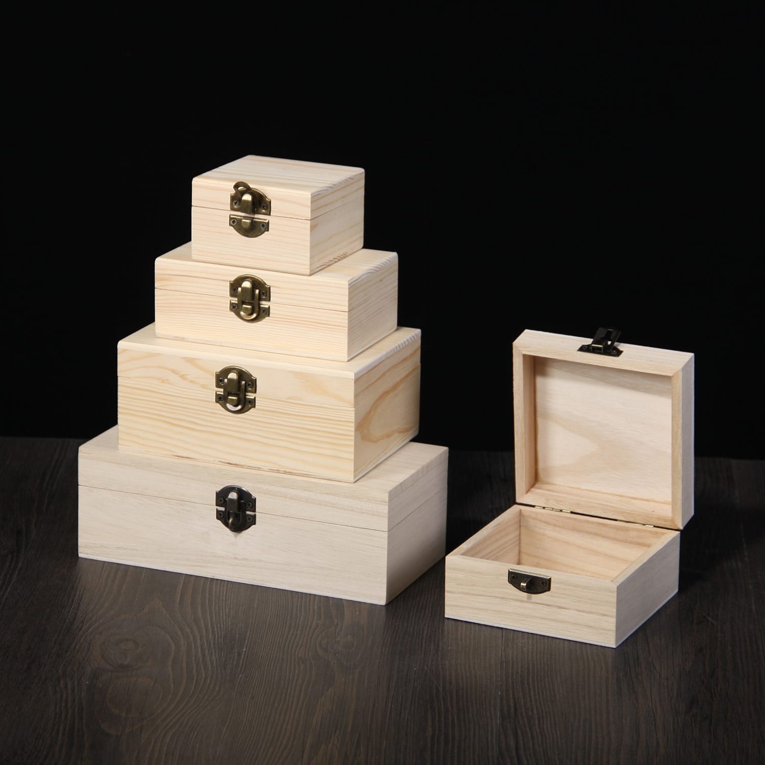 Custom Square Wooden Sewing Boxes: Stackable wooden craft boxes with brass clasps; ideal for storage and sewing supplies.