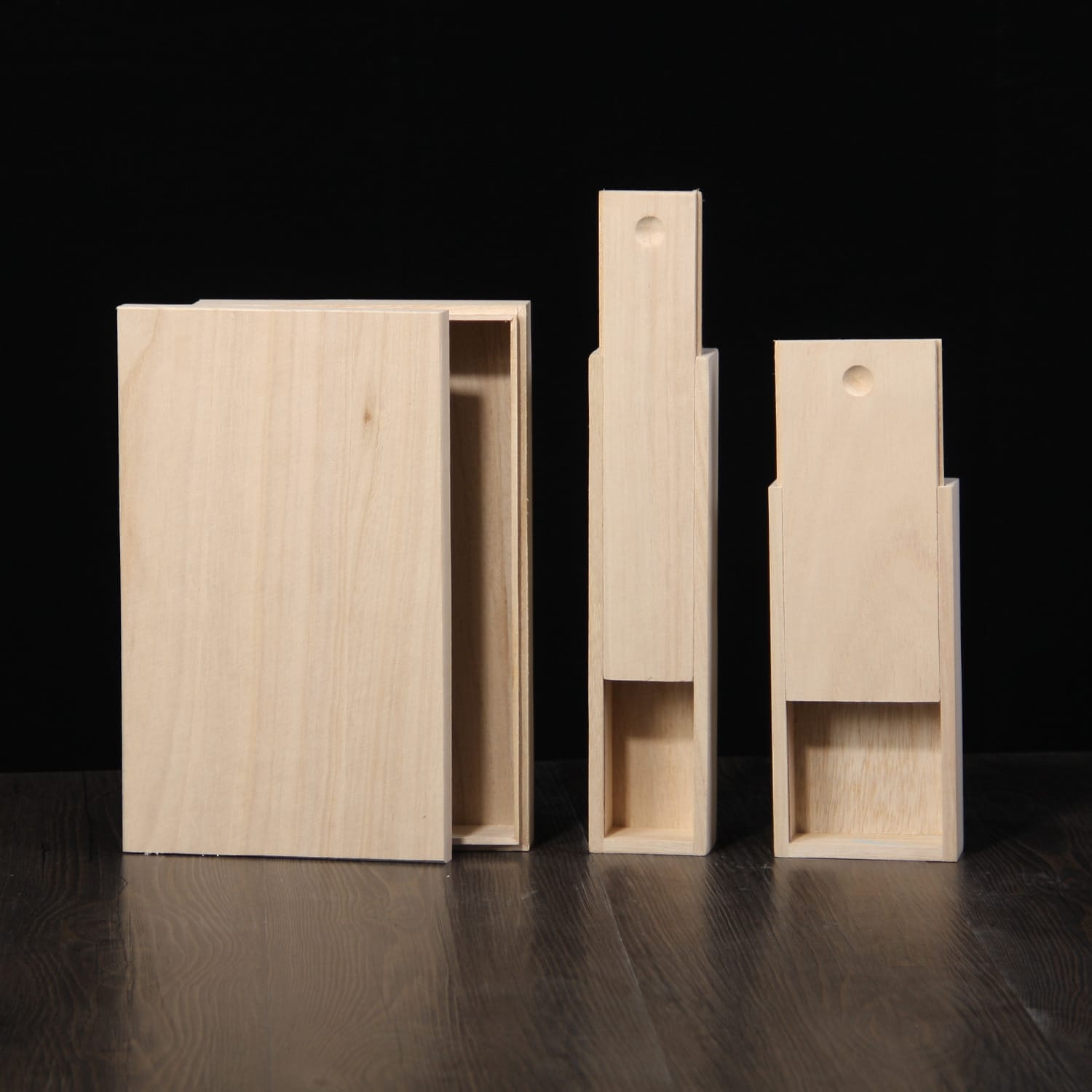 Custom Square Wooden Sewing Box: Set of three wooden boxes – one large square and two smaller rectangular – perfect for storage and organization.