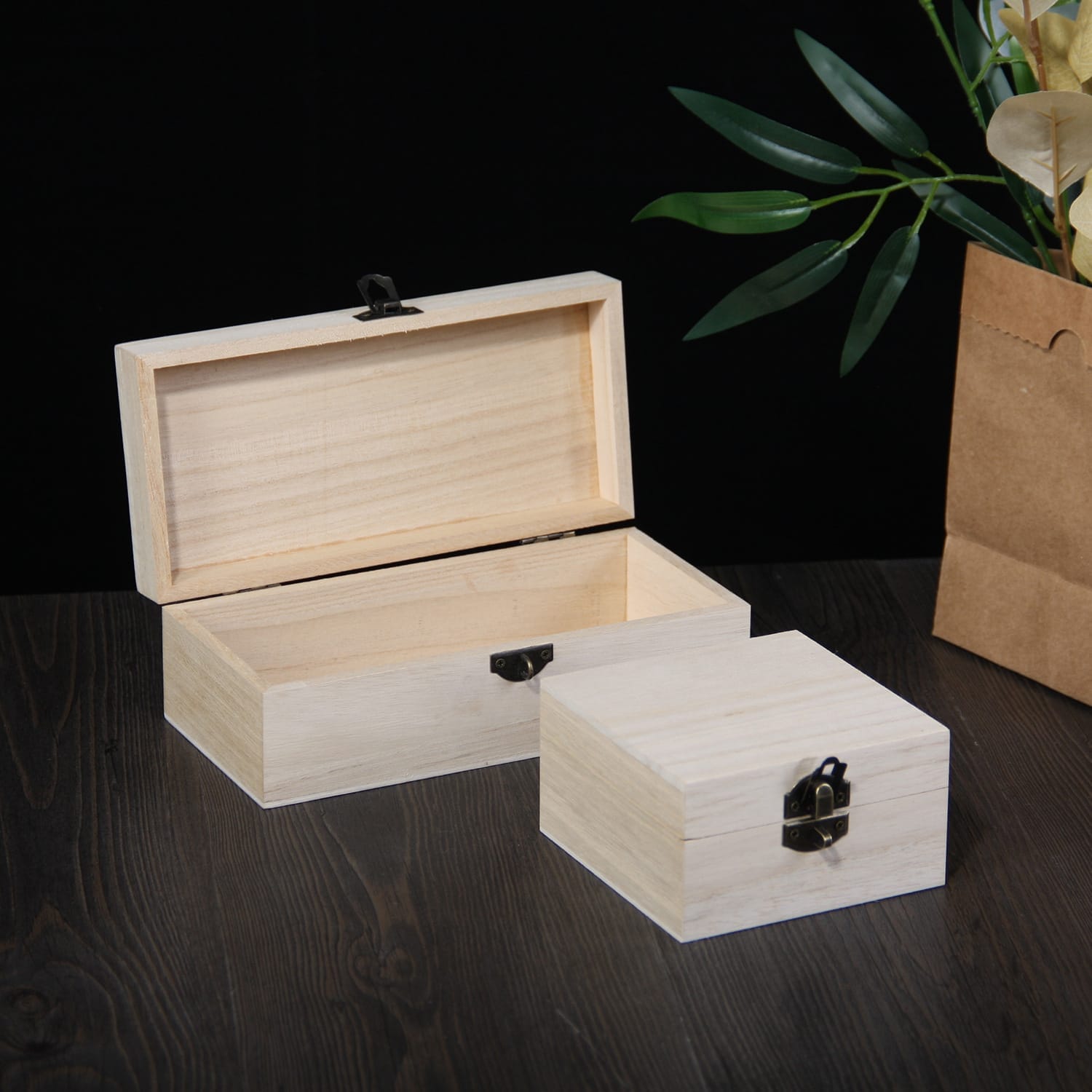 Custom Square Wooden Sewing Box: Unfinished wooden boxes, rectangular and square, perfect for storage or crafting. Features metal clasps.