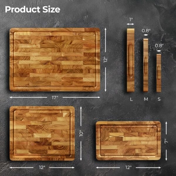 Dimensions of wholesale teak cutting boards: large, medium, and small sizes shown.