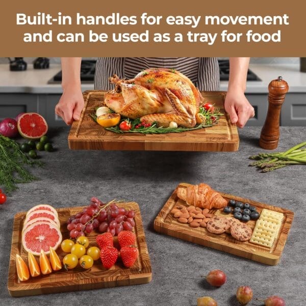 Large teak wood cutting board with handles, used as a serving tray for roasted turkey, fruit, and snacks. Wholesale teak cutting boards available.