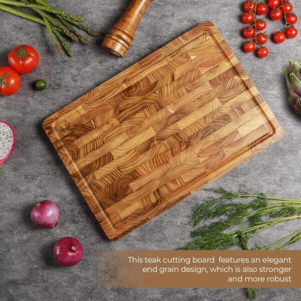 Elegant teak wood cutting board, end-grain design. Wholesale teak cutting boards for kitchens.