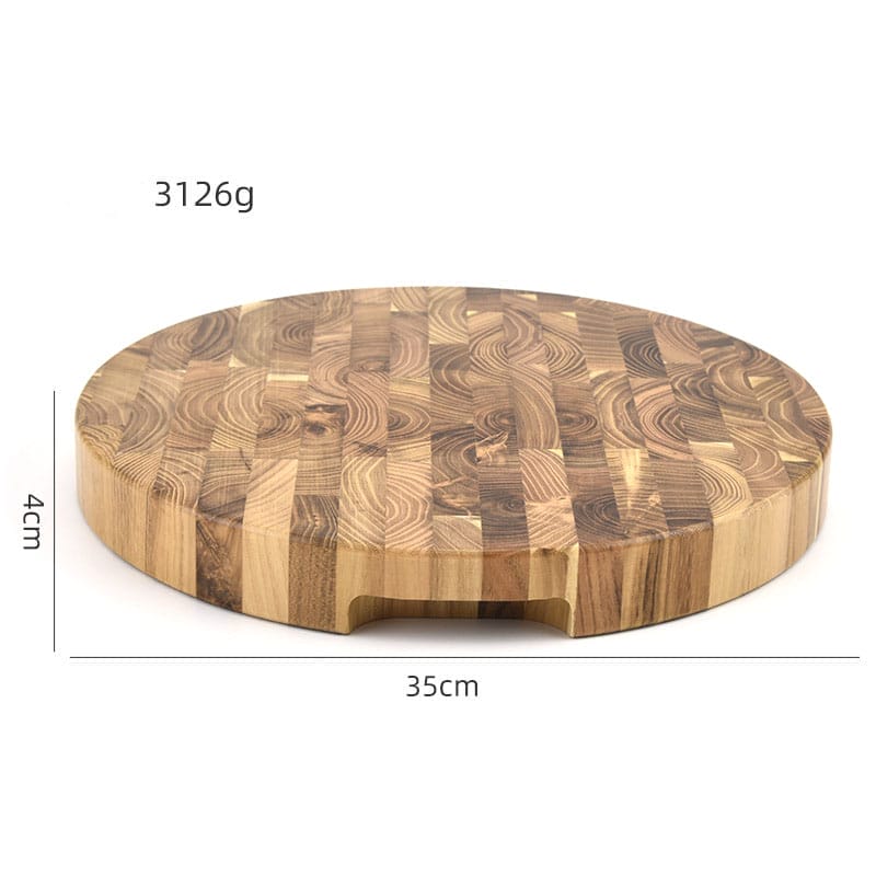 Round teak end-grain cutting board, 35cm diameter, 4cm thick. Wholesale supplier.