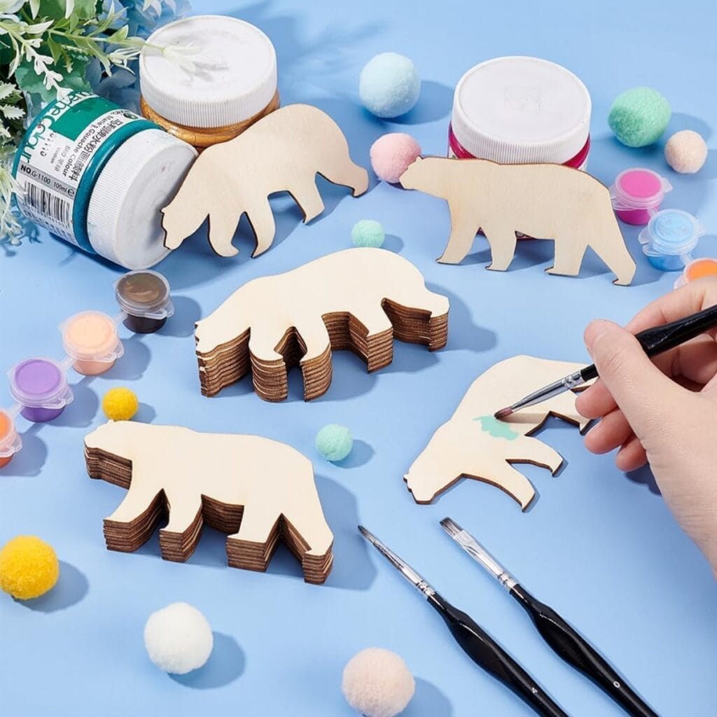Unfinished wooden bear craft shapes, perfect for painting and DIY projects. Wholesale unfinished wood crafts available.