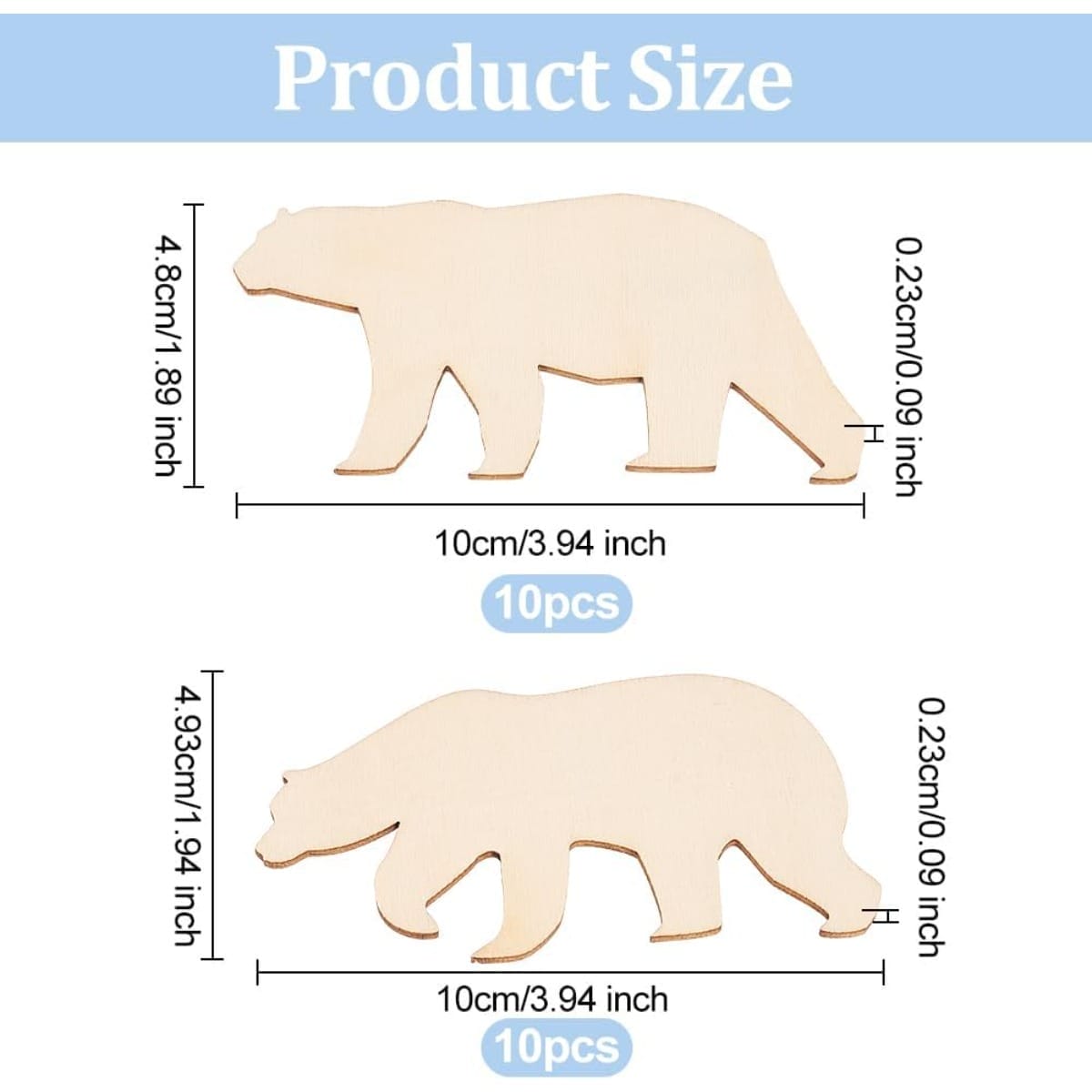 Bear-shaped unfinished wood craft pieces with dimensions