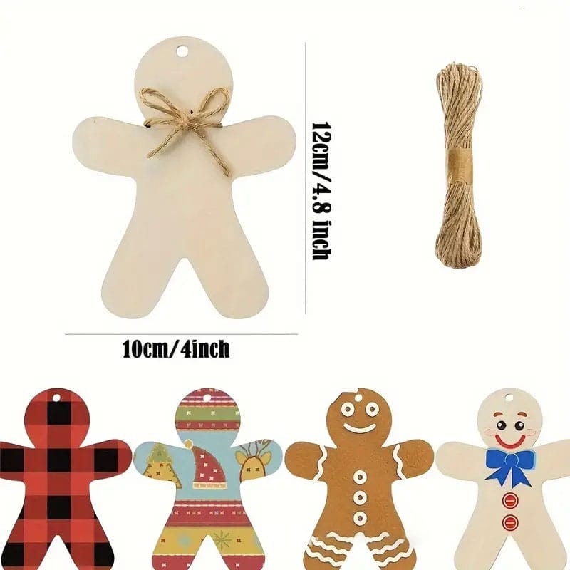 Unfinished wood crafts wholesale gingerbread man ornaments, 10cm/4inch, with twine. Wholesale wooden Christmas ornaments available.