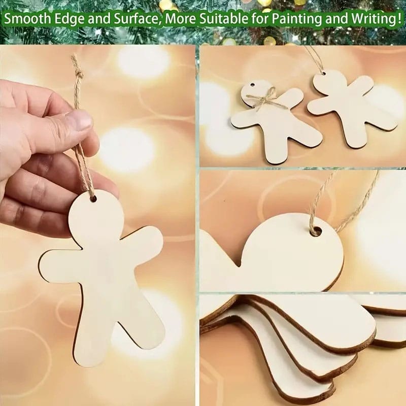 Unfinished wooden gingerbread man ornaments with twine. Wholesale wooden ornaments for painting and crafting.