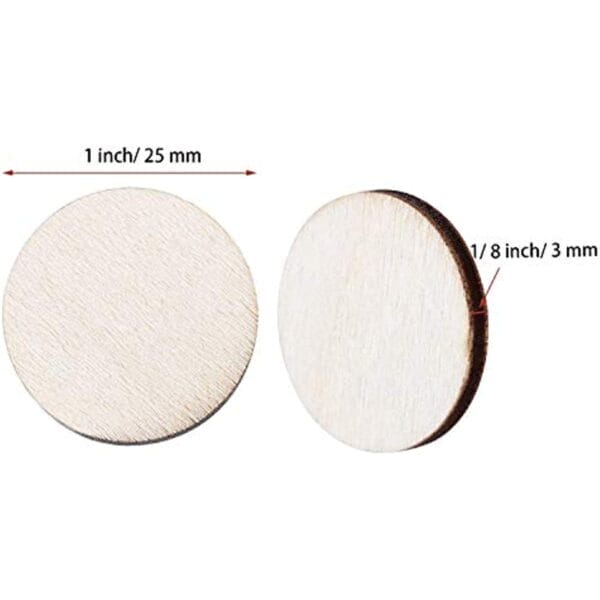 Two unfinished 1-inch wood circles; one shows 1/8 inch thickness.
