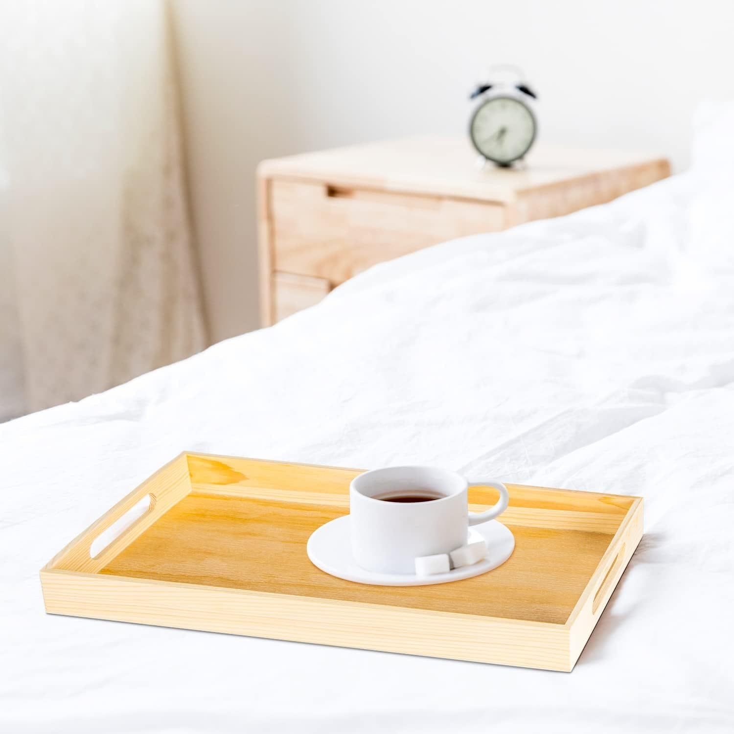 Unfinished wood trays wholesale with handles, holding coffee cup and sugar cubes. Perfect for wholesale food service.